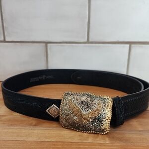 Crumrine Heavy Silver Plate/Bronze Buckle - Justin Leather Belt